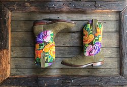 Size 38 Traditional Cowgirl Boot Green with Bright Flowers